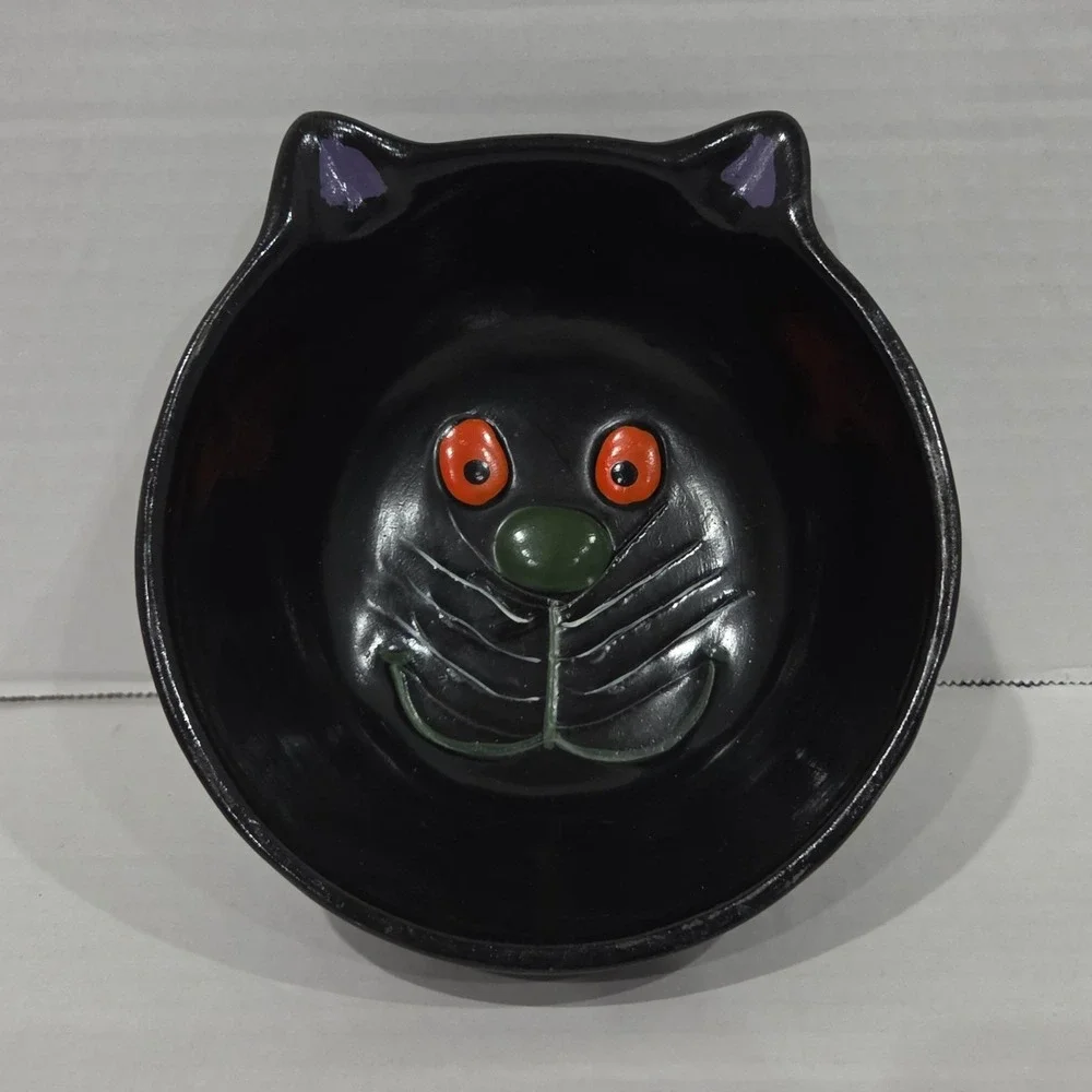 Handmade Black Ceramic Cat Face Bowl Orange Eyes Halloween Decor 5.5 Inch